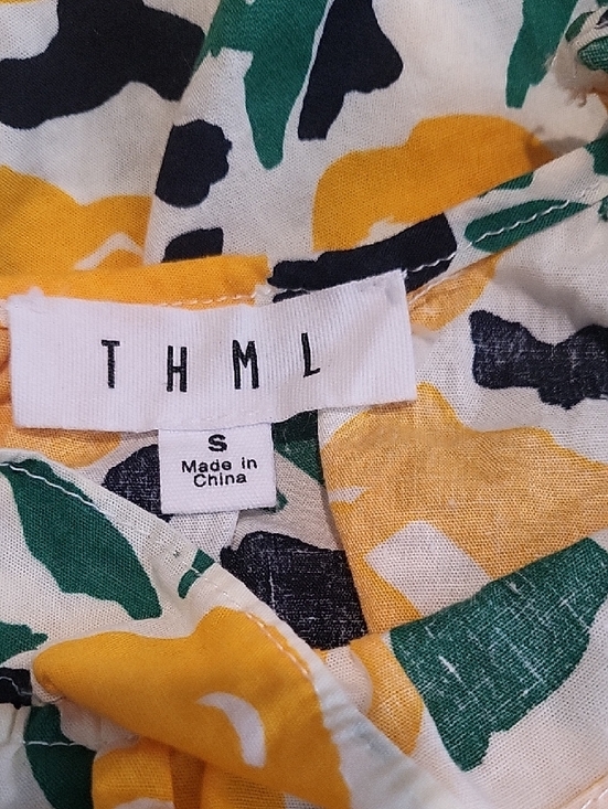 THML Floral Ruffle Sleeve Cotton Blouse Yellow Green Women’s Small - Picture 2 of 8